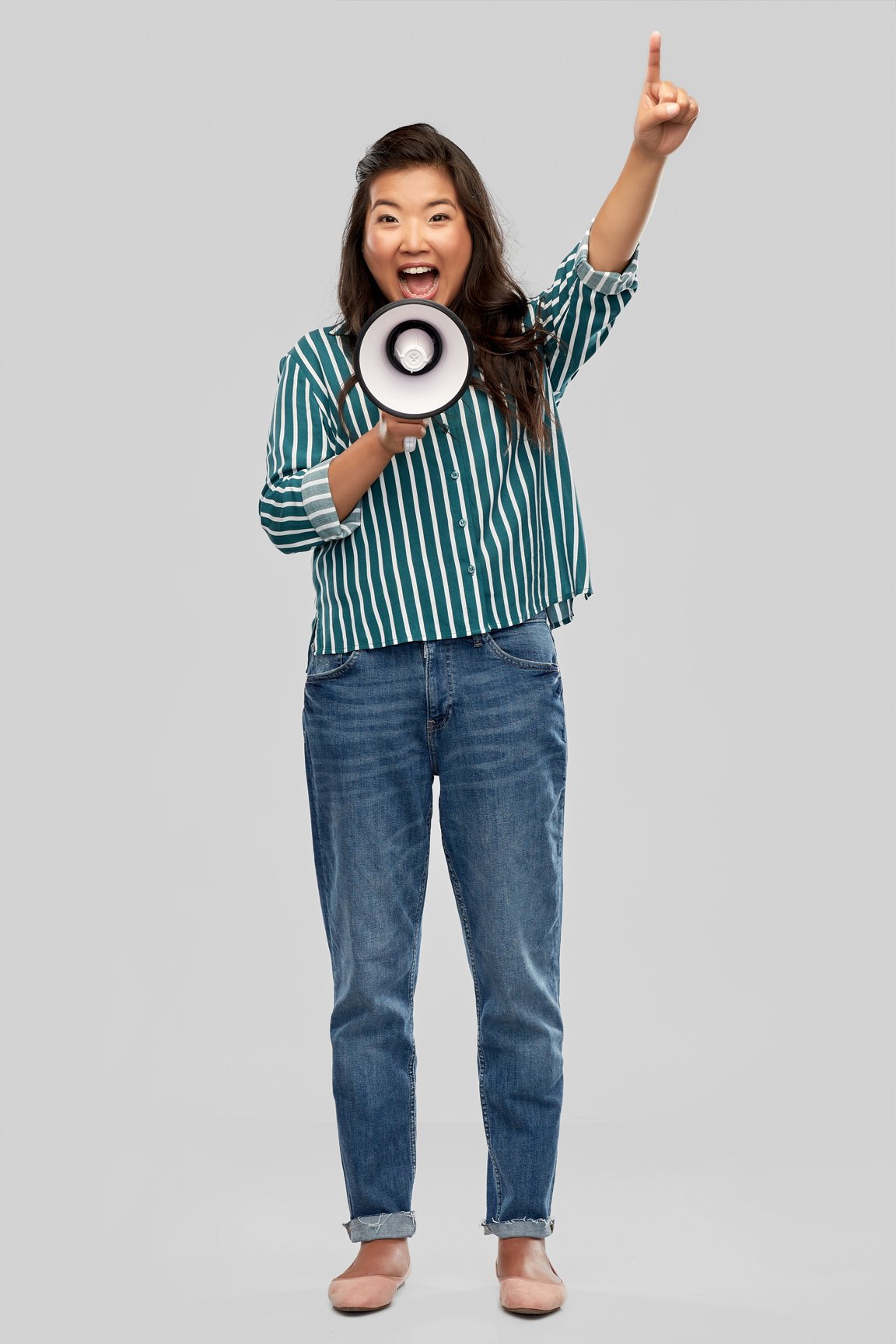 Asian Woman Speaking to Megaphone